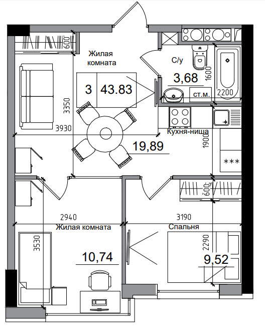 Planning 2-rm flats area 43.46m2, AB-05-11/00001.