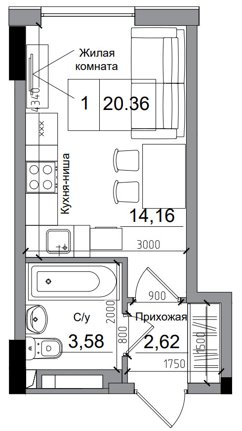 Планировка Smart-квартира площей 20.36м2, AB-04-06/0007а.