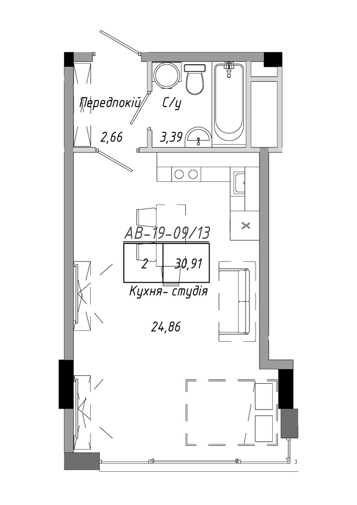 Планування Smart-квартира площею 30.91м2, AB-19-09/00013.