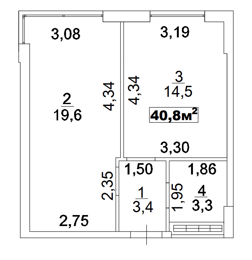 Планировка 1-к квартира площей 40.8м2, AB-02-07/00005.
