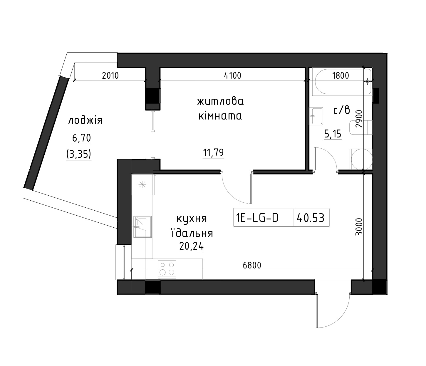 Планировка 2-к квартира площей 40.53м2, LR-002-03/0006.