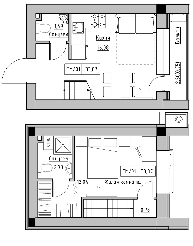 Planning 2-lvl flats area 33.87m2, KS-014-05/0012.