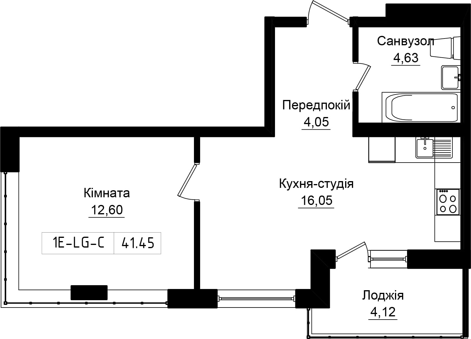 Планировка 1-к квартира площей 39.39м2, UR-001-04/0006.