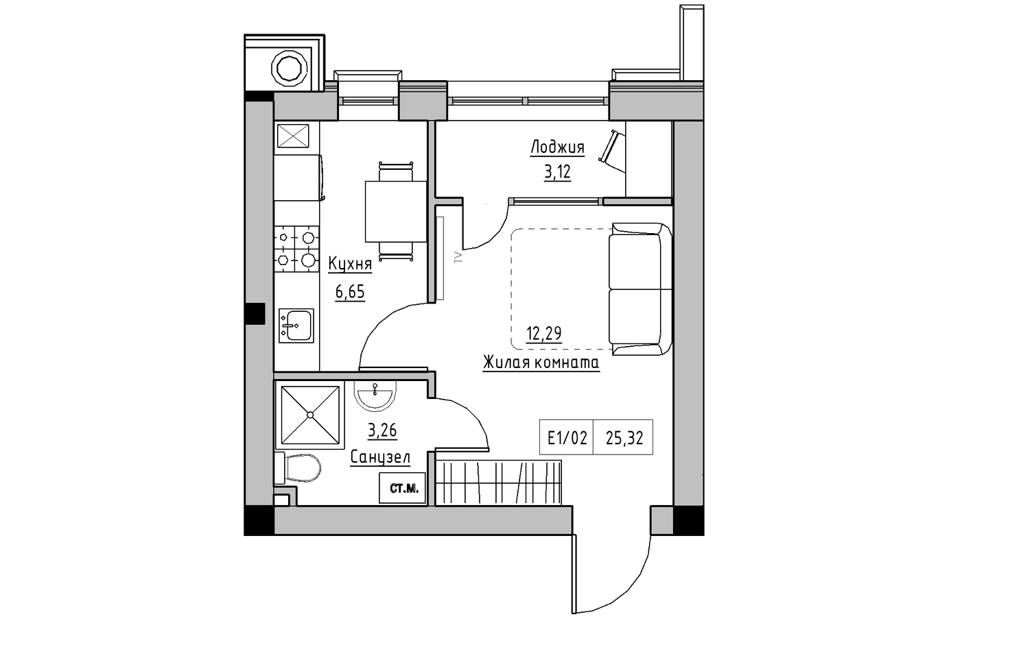 Planning 1-rm flats area 25.32m2, KS-010-05/0004.