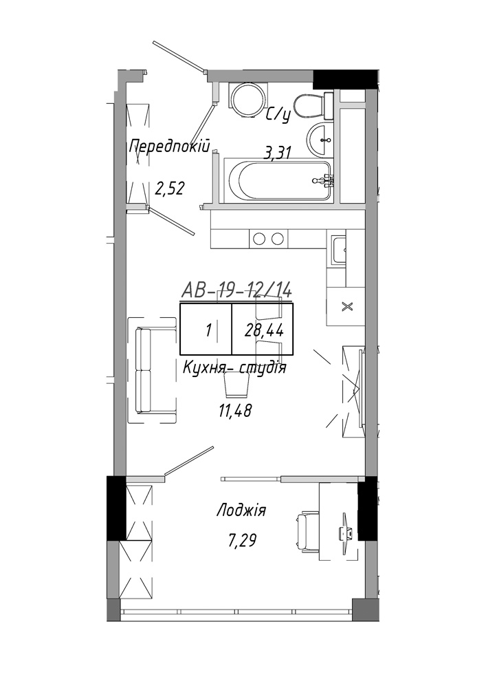 Планування Smart-квартира площею 28.44м2, AB-19-12/00014.