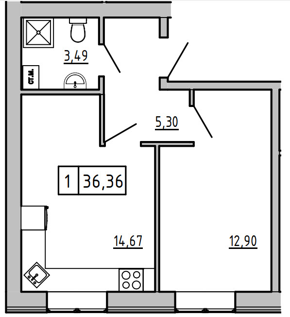 Планування 1-к квартира площею 36.36м2, KS-01B-02/0013.