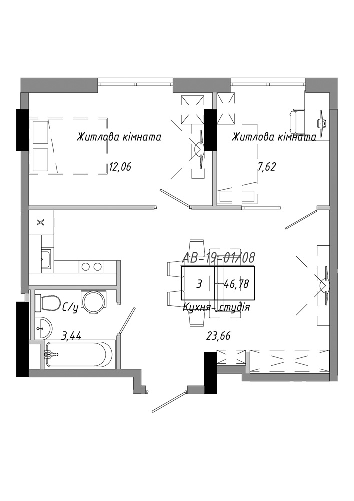 Планировка 2-к квартира площей 46.78м2, AB-19-01/00008.