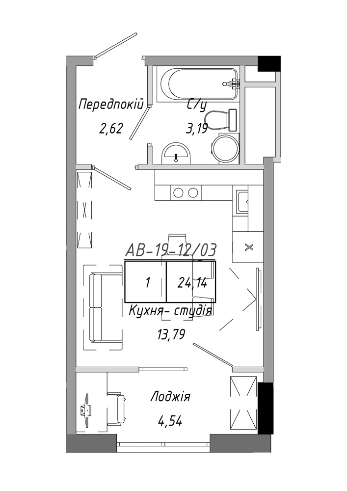 Планування Smart-квартира площею 24.14м2, AB-19-12/00003.