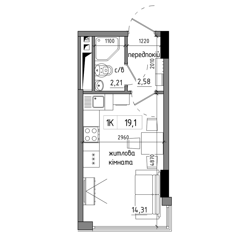 Планування Smart-квартира площею 20.54м2, AB-17-02/00013.