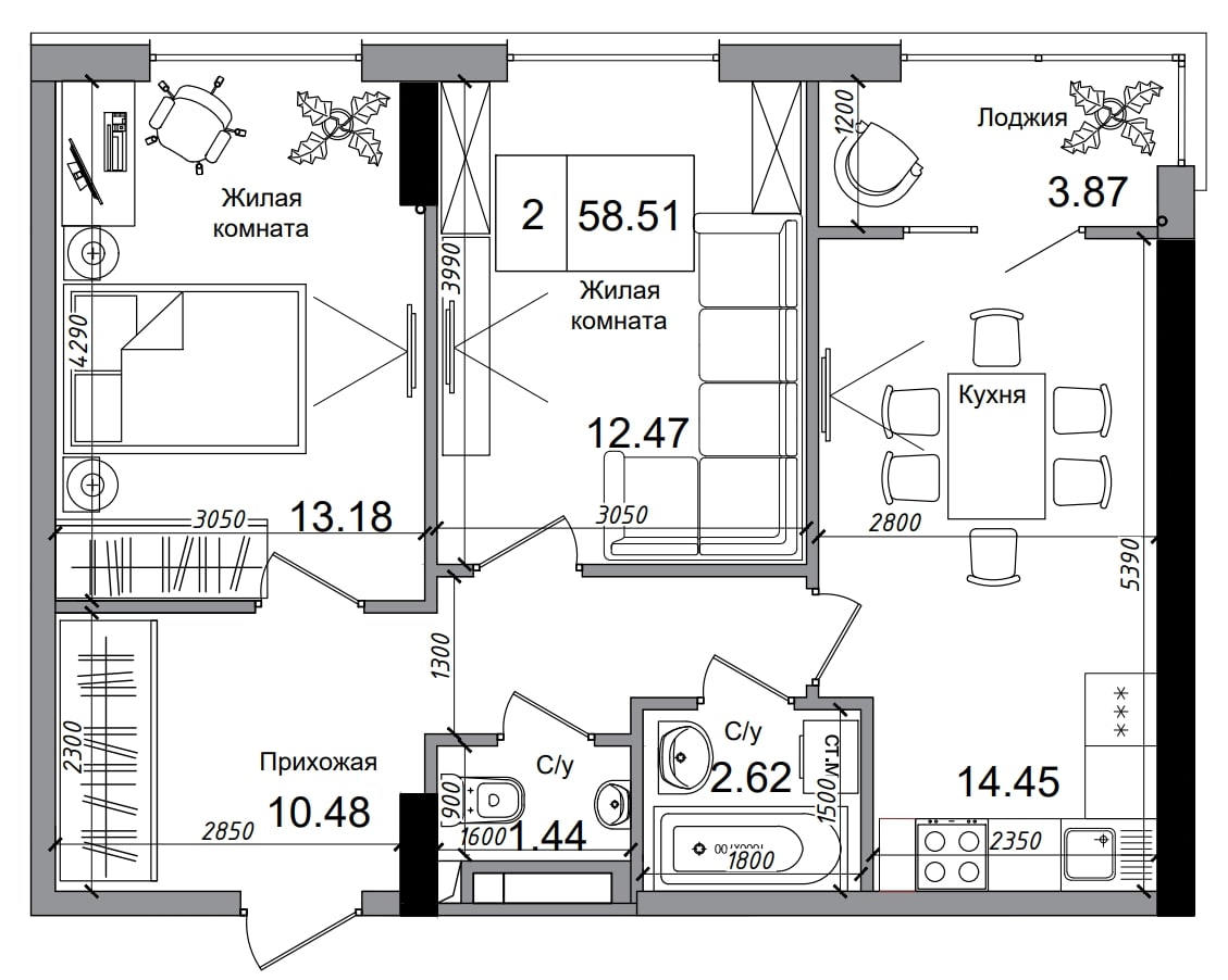 Планування 2-к квартира площею 58.51м2, AB-04-03/00010.