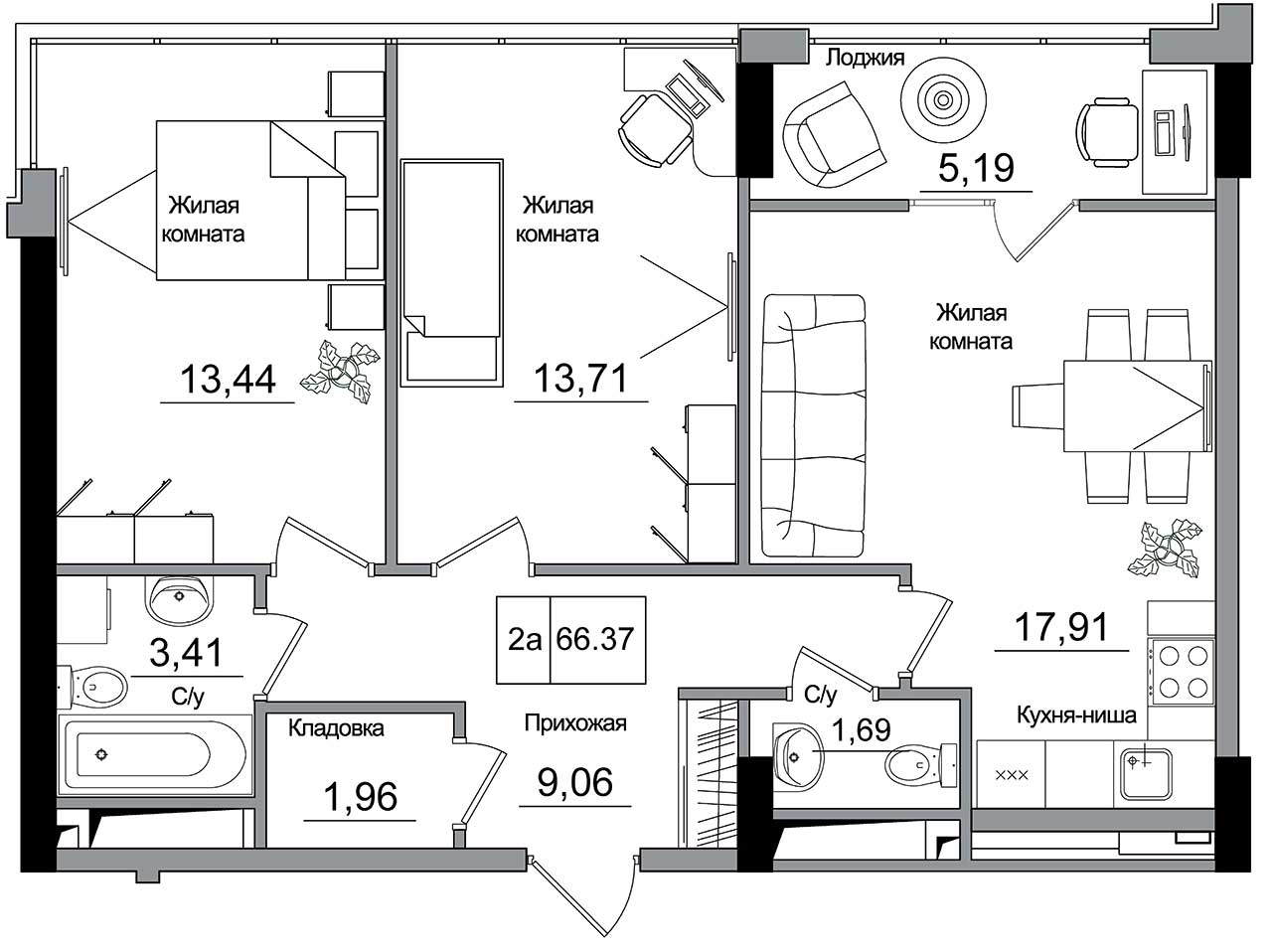 Планування 2-к квартира площею 66.37м2, AB-16-11/00006.