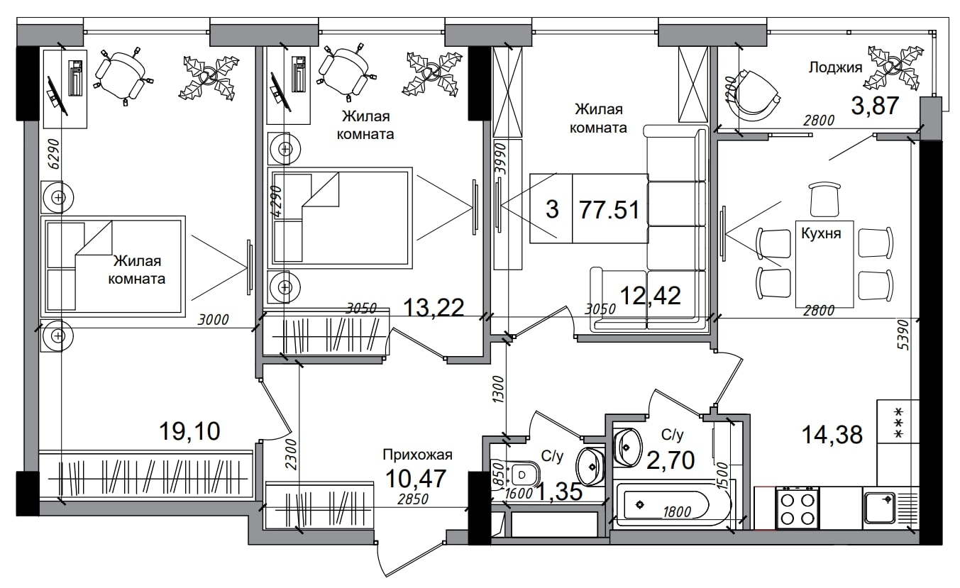 Планування 3-к квартира площею 77.51м2, AB-04-09/00010.