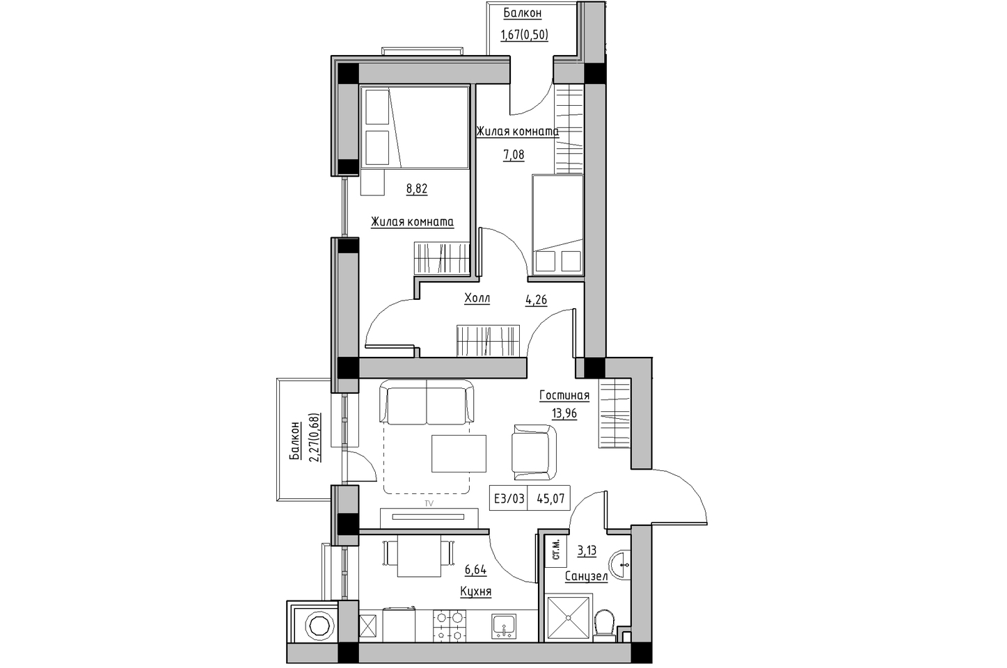 Планування 3-к квартира площею 45.07м2, KS-009-05/0006.