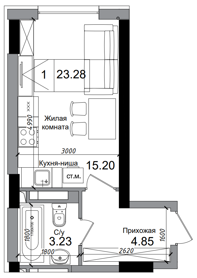 Планировка Smart-квартира площей 23.28м2, AB-04-02/00005.
