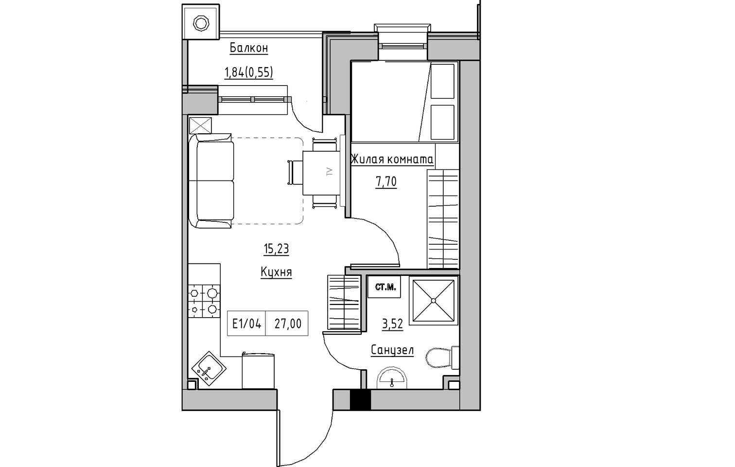 Планировка 1-к квартира площей 27м2, KS-010-05/0008.