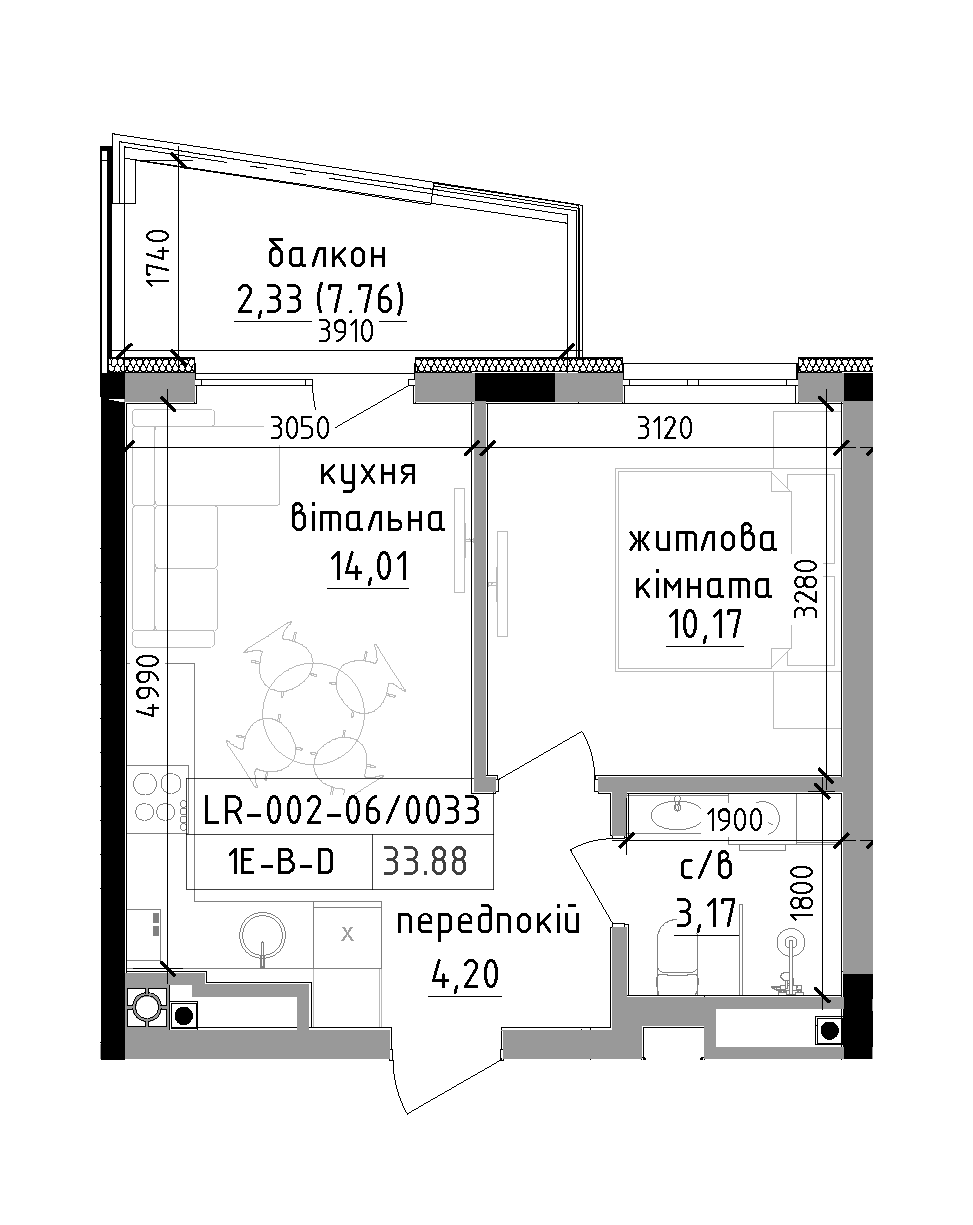 Планировка 1-к квартира площей 33.88м2, LR-002-06/0033.