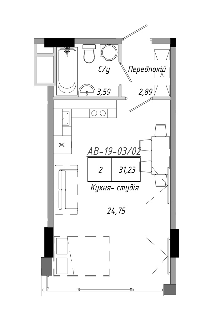 Планування Smart-квартира площею 31.23м2, AB-19-03/00002.