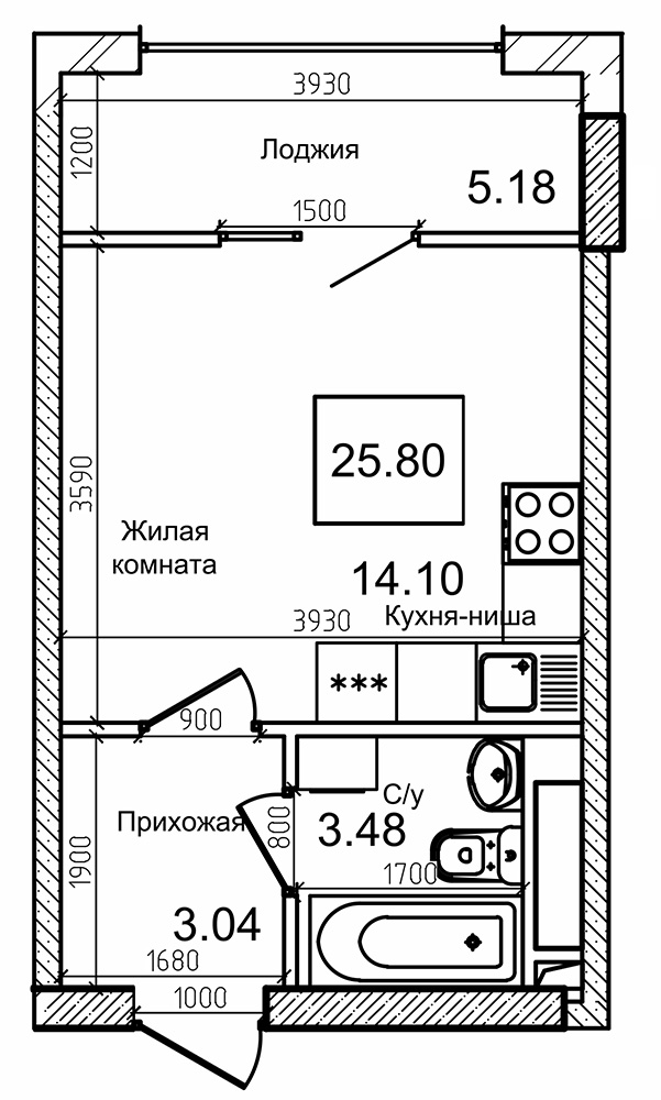 Планировка Smart-квартира площей 25.7м2, AB-09-09/00007.