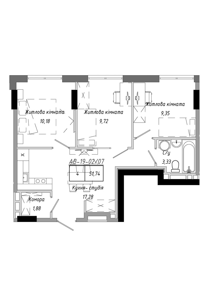 Планировка 3-к квартира площей 51.74м2, AB-19-02/00007.