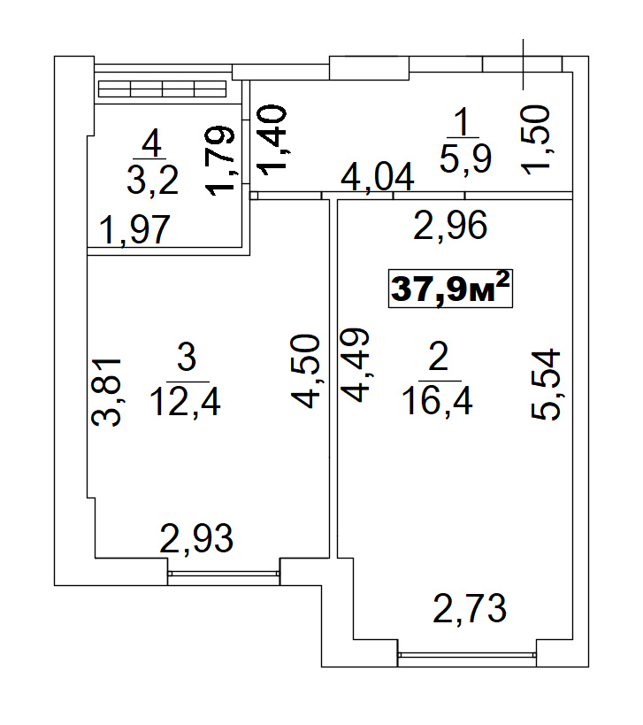 Планировка 1-к квартира площей 37.9м2, AB-02-09/0004а.