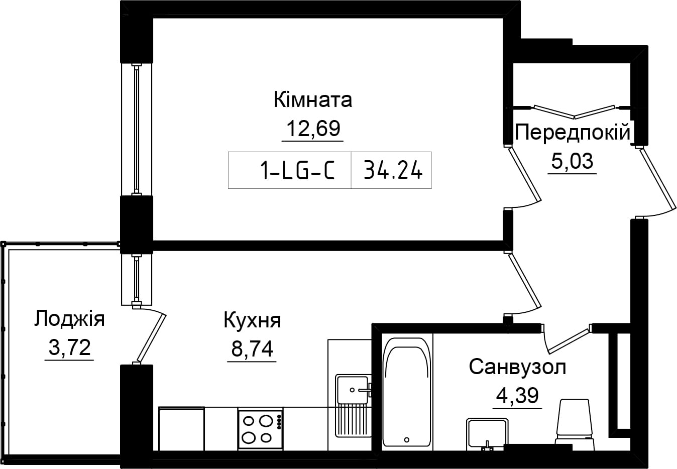 Планування 1-к квартира площею 32.71м2, UR-001-07/0009.