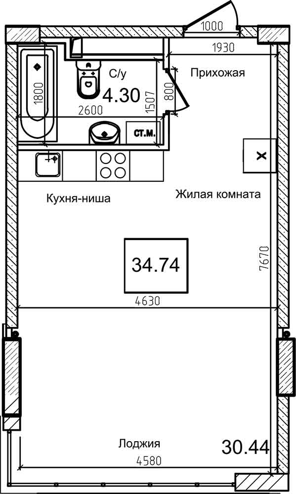 Planning Smart flats area 34.2m2, AB-08-07/00002.