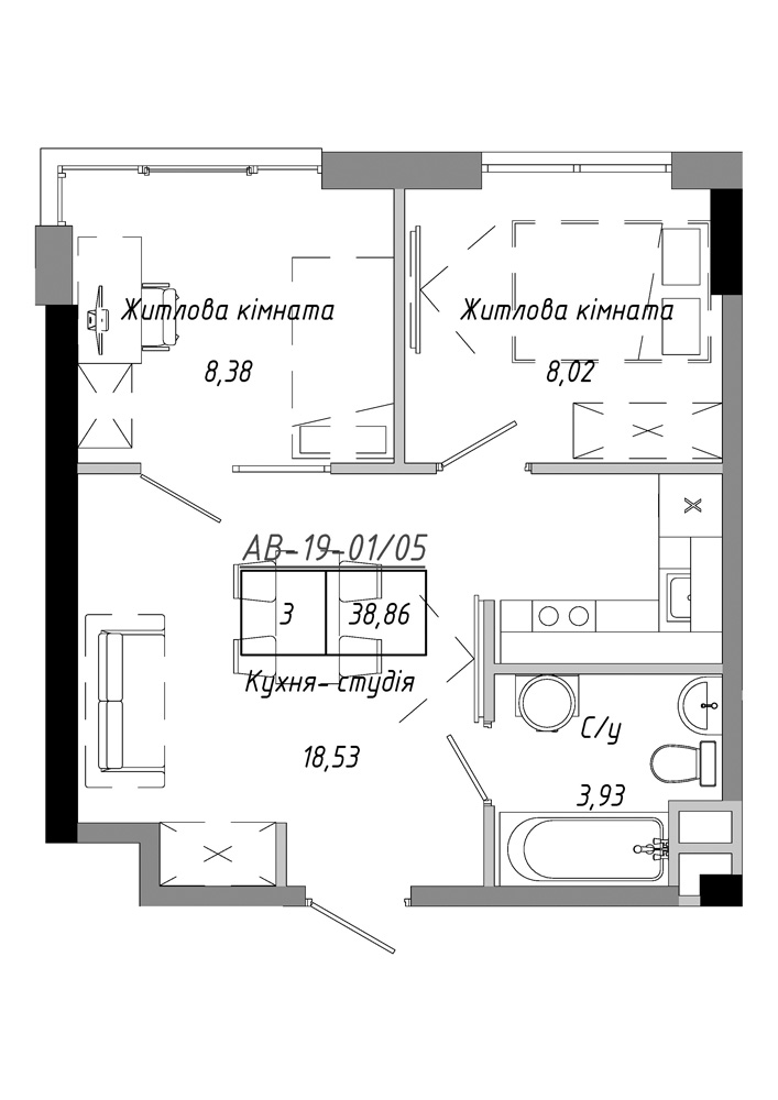 Планировка 2-к квартира площей 38.86м2, AB-19-01/00005.