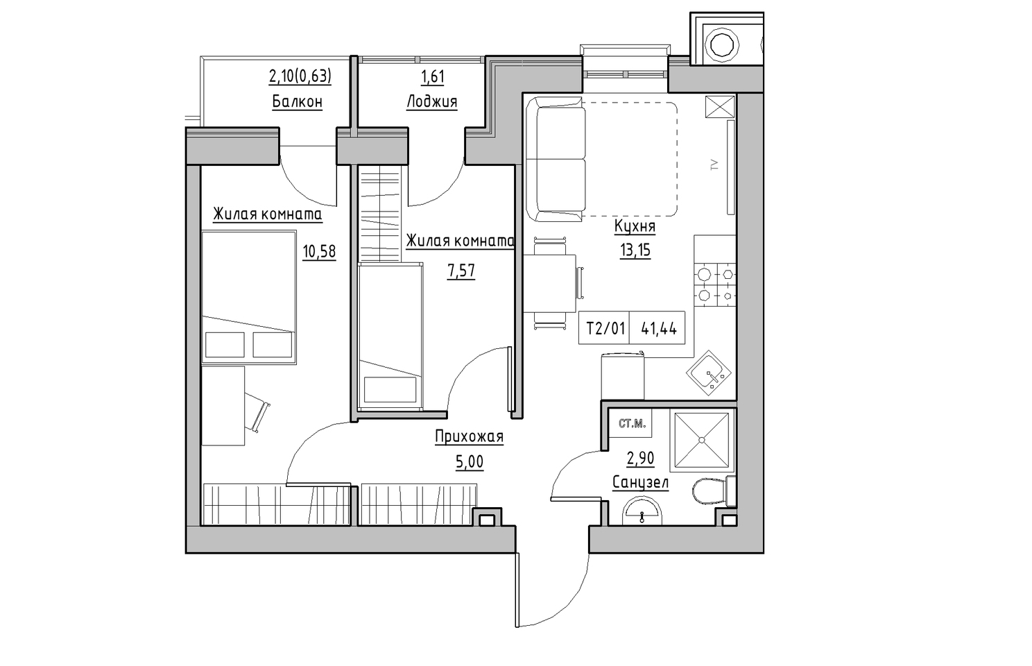 Планировка 2-к квартира площей 41.44м2, KS-010-04/0005.