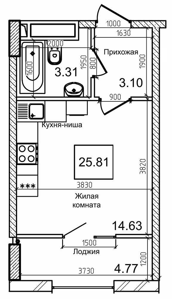 Планування Smart-квартира площею 25.5м2, AB-09-12/00012.