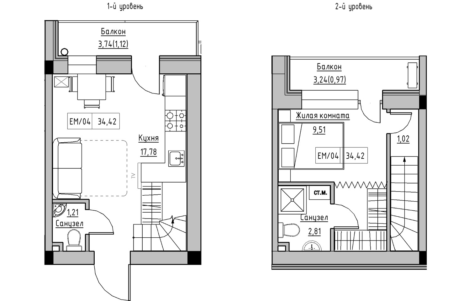 Planning 2-lvl flats area 34.42m2, KS-013-05/0012.