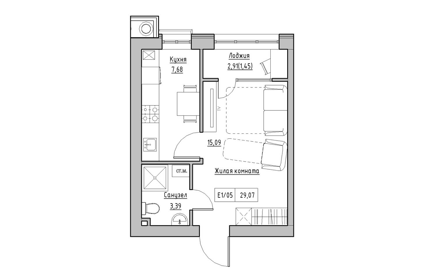 Планировка 1-к квартира площей 29.07м2, KS-009-01/0007.