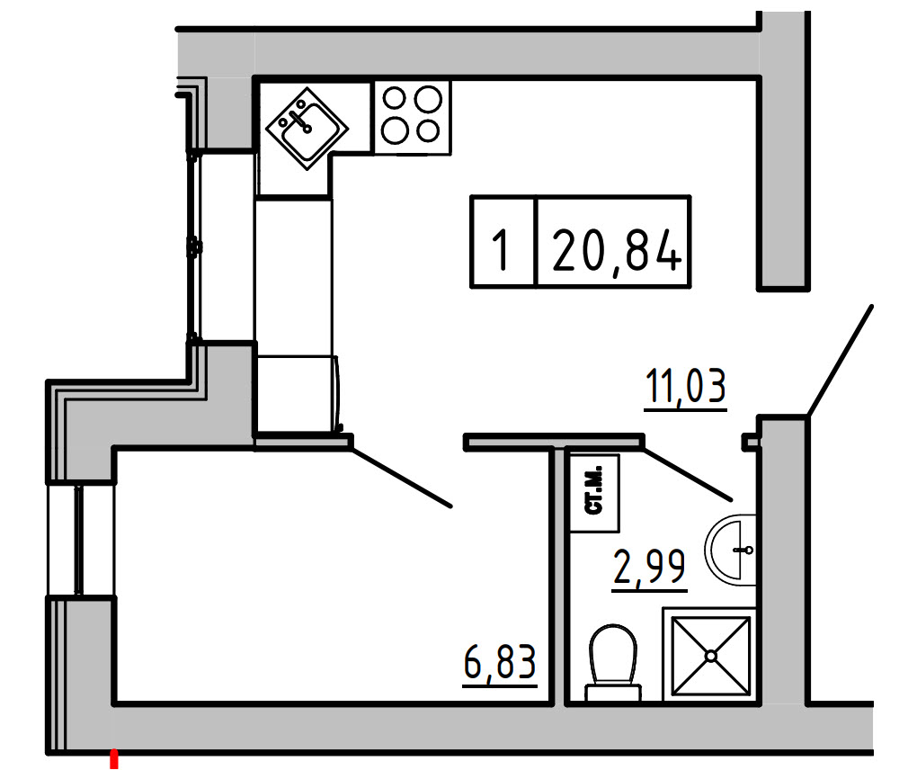 Planning 1-rm flats area 20.84m2, KS-01А-03/0008.