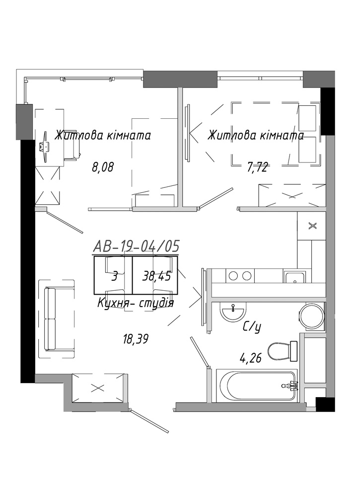 Планировка 2-к квартира площей 38.45м2, AB-19-04/00005.