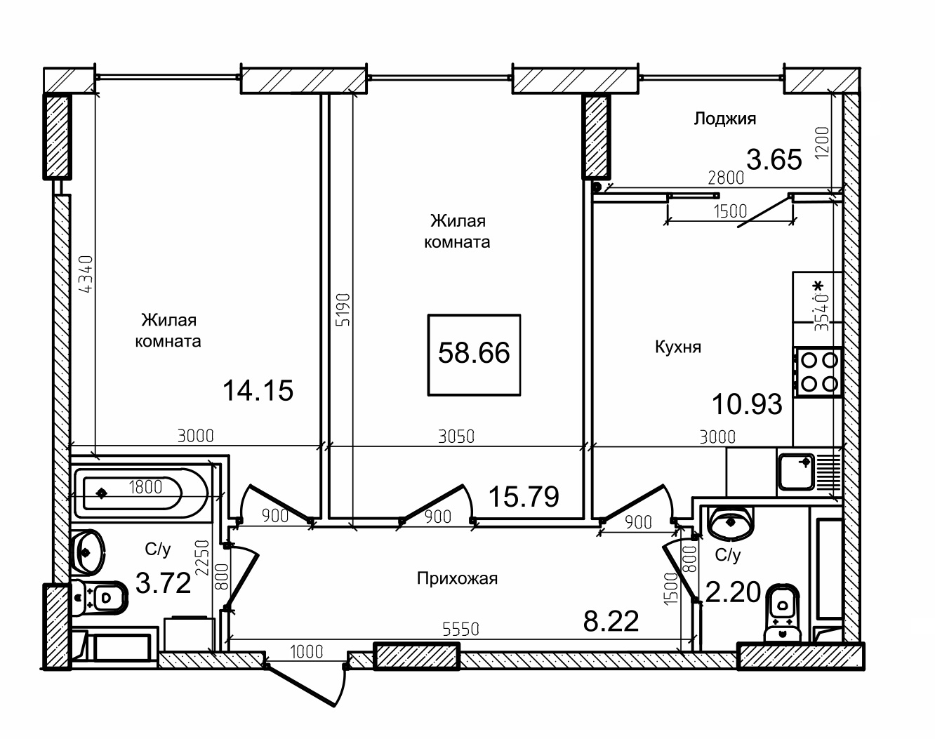 Планування 2-к квартира площею 57.1м2, AB-09-11/00006.