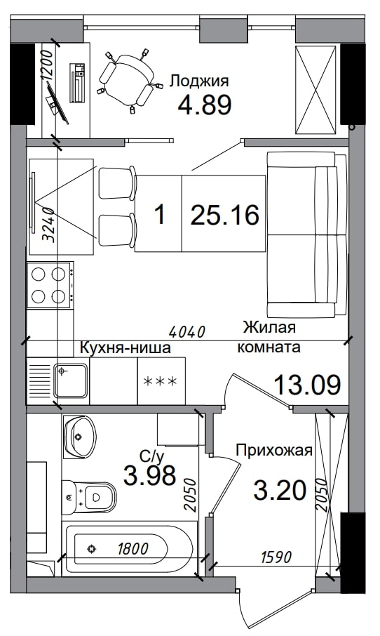 Планування Smart-квартира площею 25.16м2, AB-04-10/00009.