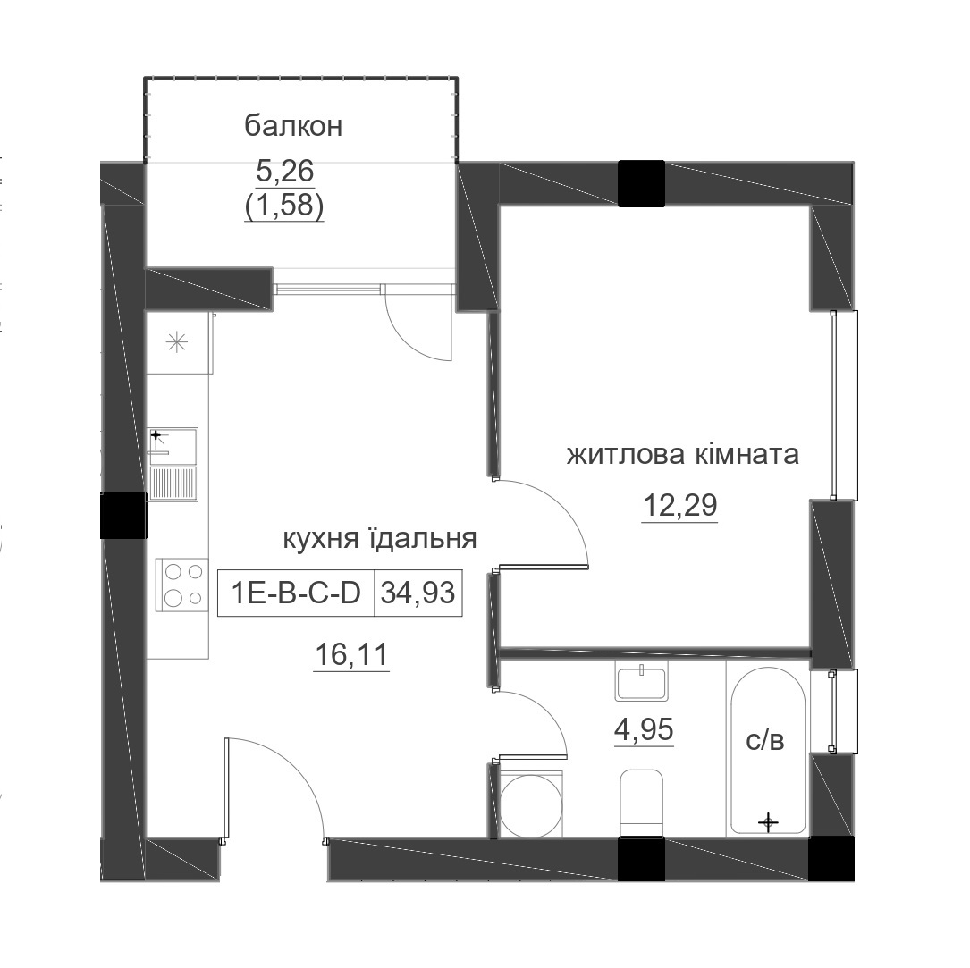 Планування 1-к квартира площею 34.93м2, LR-005-03/0001.