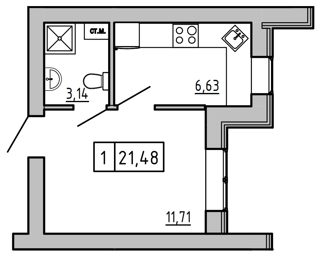Planning 1-rm flats area 20.72m2, KS-007-04/0007.