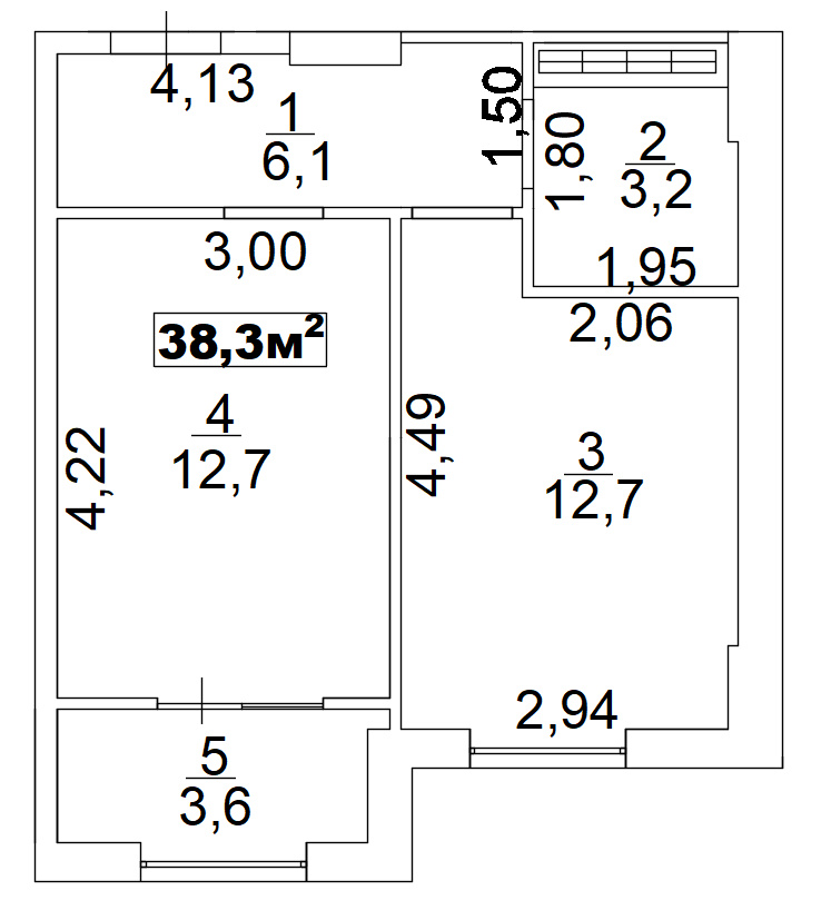 Планировка 1-к квартира площей 38.3м2, AB-02-11/00011.