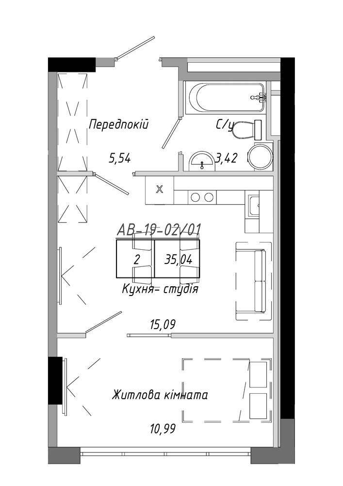 Планування 1-к квартира площею 35.04м2, AB-19-02/00001.