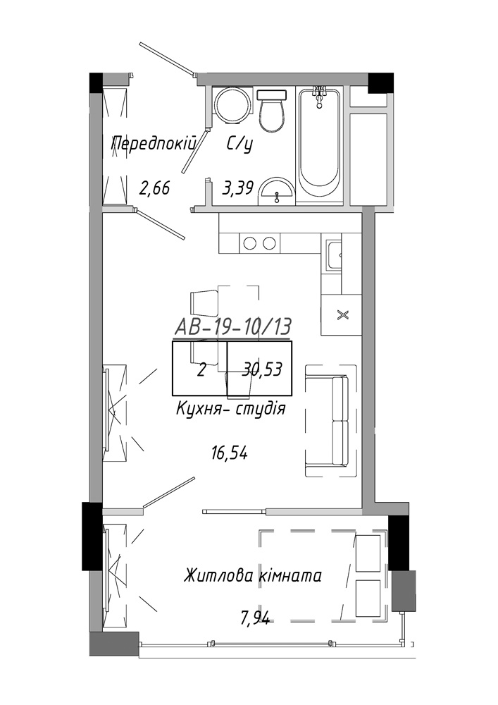 Планировка 1-к квартира площей 30.53м2, AB-19-10/00013.