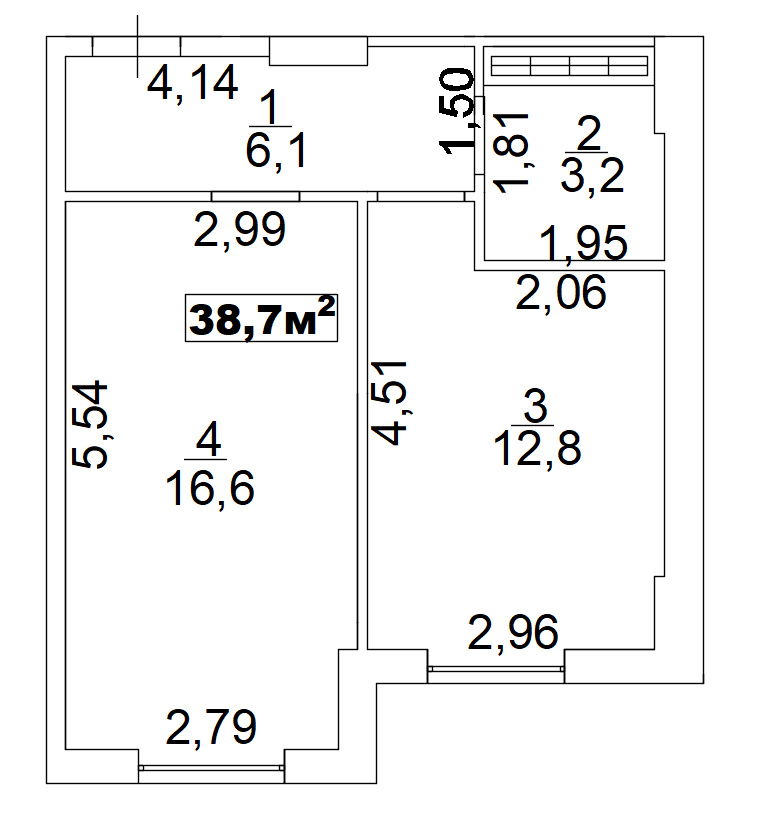 Планування 1-к квартира площею 38.7м2, AB-02-06/00011.