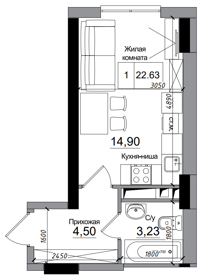 Планування Smart-квартира площею 22.63м2, AB-14-07/00011.