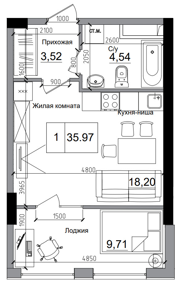 Планировка 1-к квартира площей 35.97м2, AB-11-05/00001.