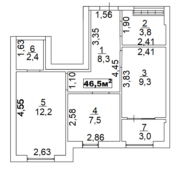 Планування 2-к квартира площею 46.5м2, AB-02-11/00014.