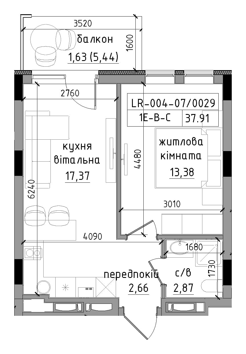 Планировка 1-к квартира площей 37.91м2, LR-004-07/0029.