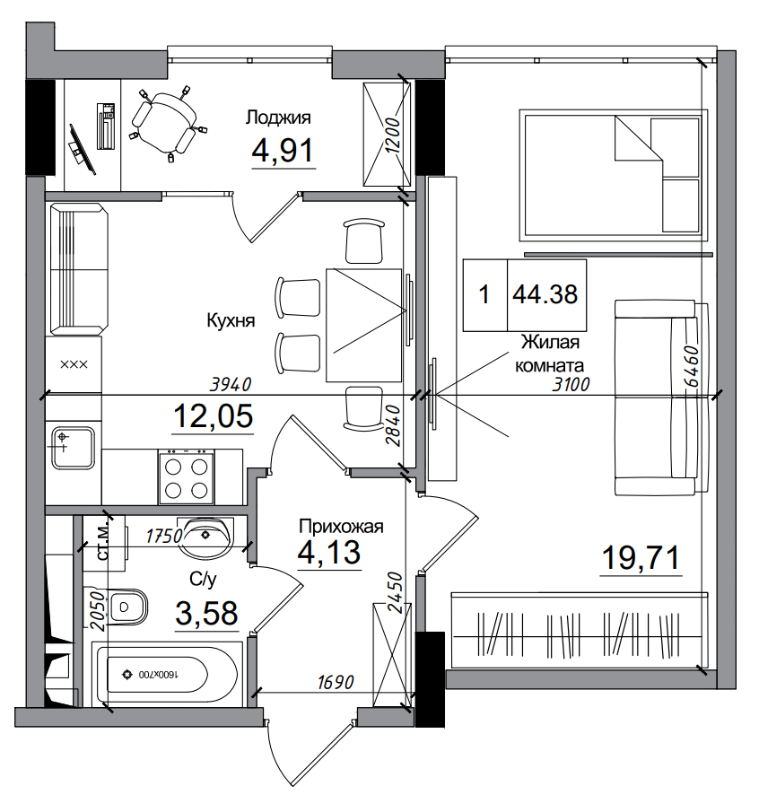 Planning 1-rm flats area 44.38m2, AB-14-07/00009.