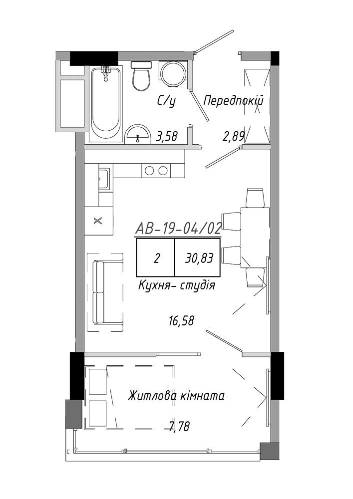 Планування 1-к квартира площею 30.83м2, AB-19-04/00002.