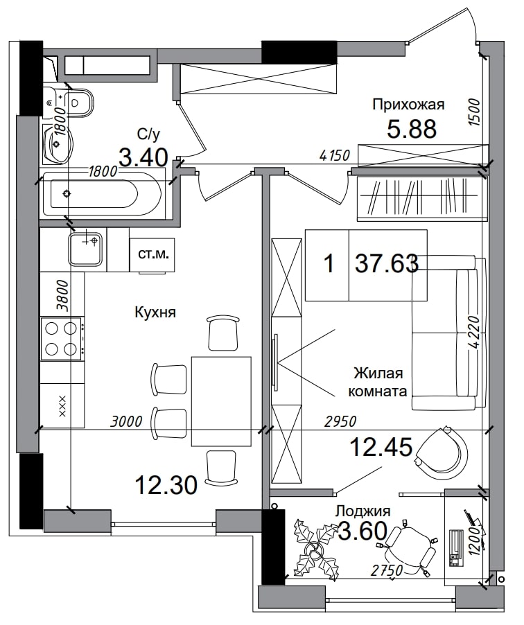 Планировка 1-к квартира площей 37.63м2, AB-04-03/00004.