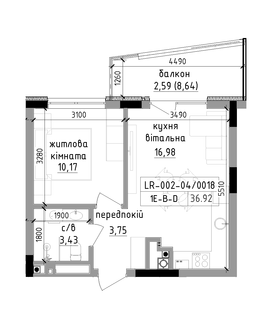 Planning 1-rm flats area 36.92m2, LR-002-04/0018.