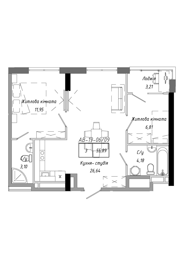 Planning 2-rm flats area 55.89m2, AB-19-06/00009.